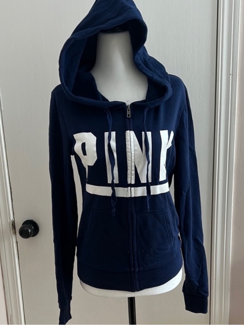 PINK Victoria's Secret • Women’s XS • Navy Zip-Up Hoodie • White Text